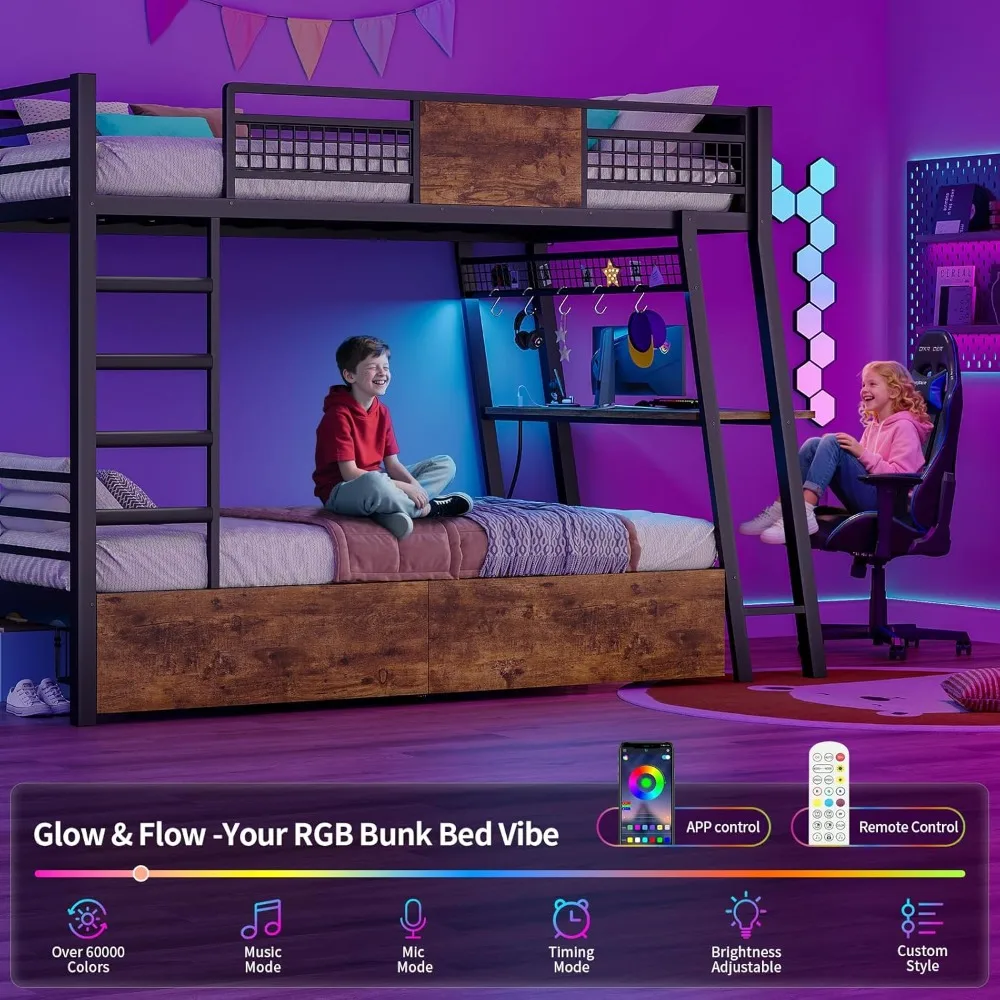 Bunk Bed for Small Space, Bunk Beds Twin Over Twin with Desk, Power Outlets, RGB LED Lights, Storage Drawers, Metal Beds with Sa