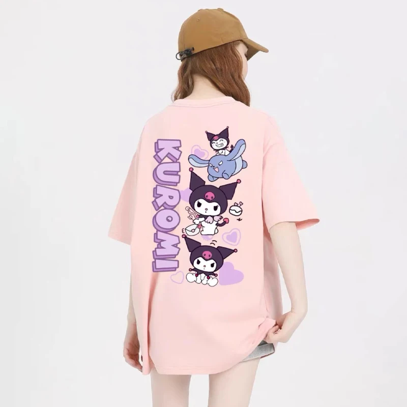 Sanrio Kuromi Short Sleeves Kawaii Cartoon Girls T-Shirt Y2k Summer Loose Hip-hop Print Breathable Girl Street Casual Top Gifts