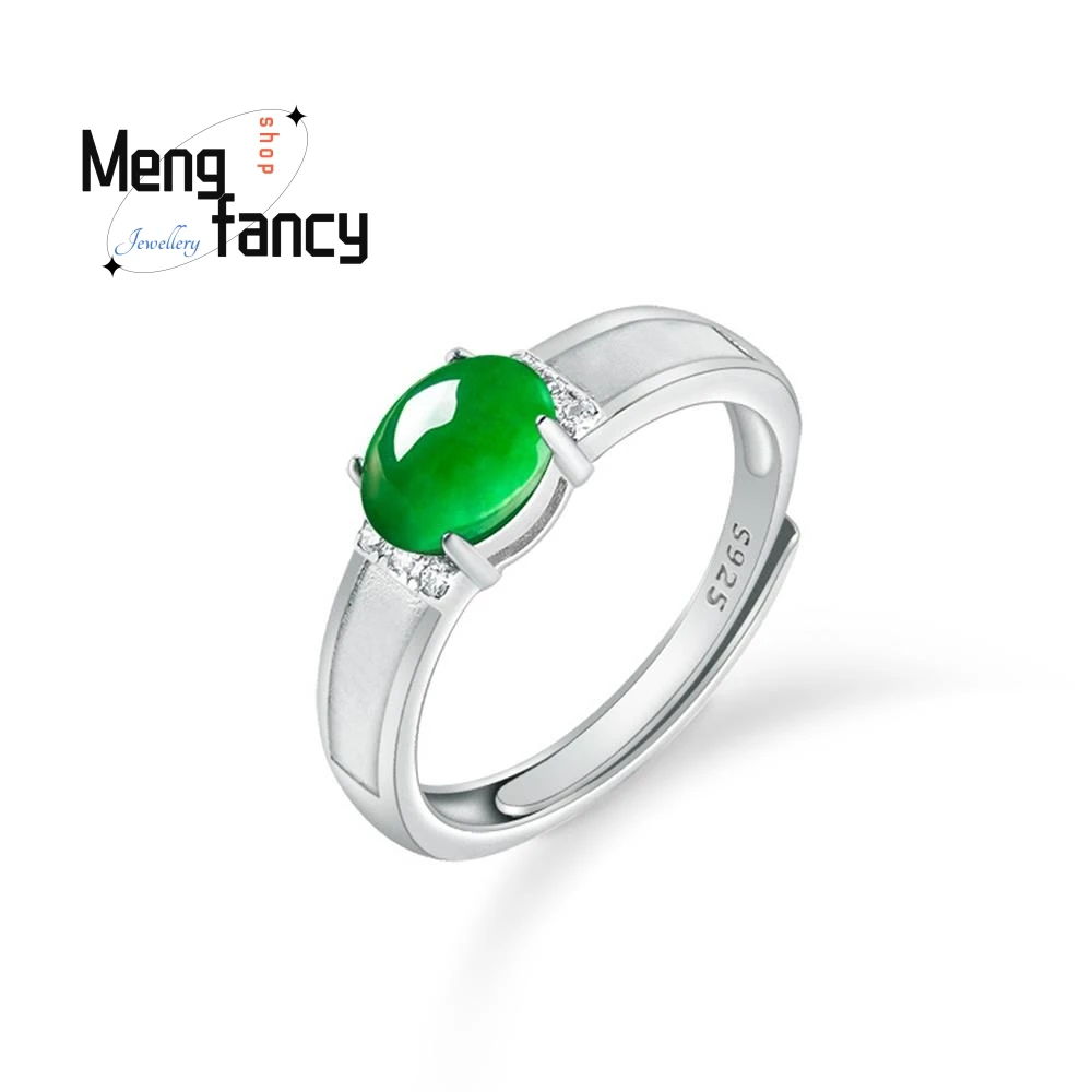 

High-grade S925 Silver Inlaid With Natural A-goods Jadeite Yang Green Egg Ring Icy Jade Finger Ring Adjustable Couple Jewelry