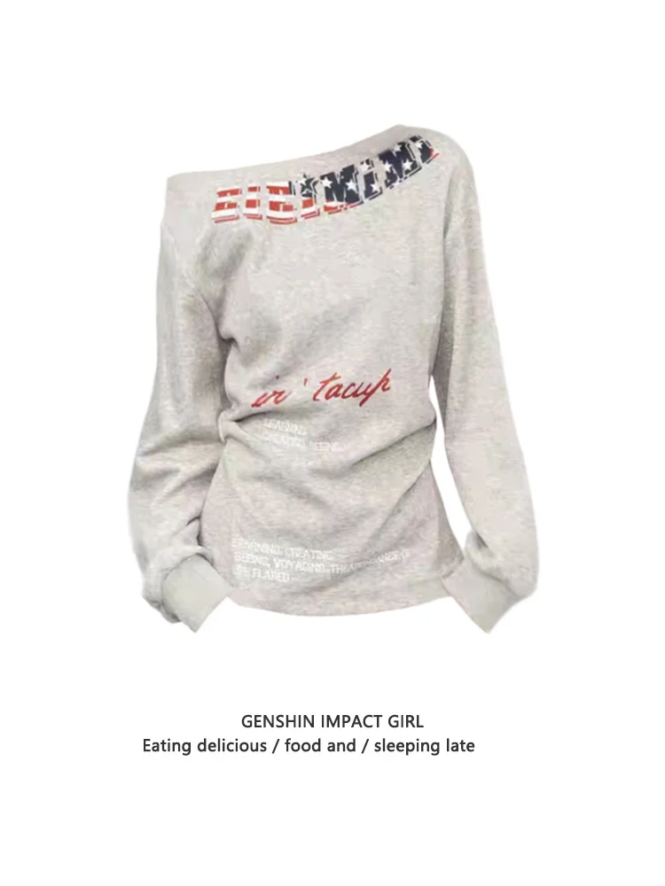 

Retro Spicy Girl Style Long Sleeve Letter Print Shoulder Bared Sweatshirt Women Early Autumn Pleated Slimming Top Outerwear