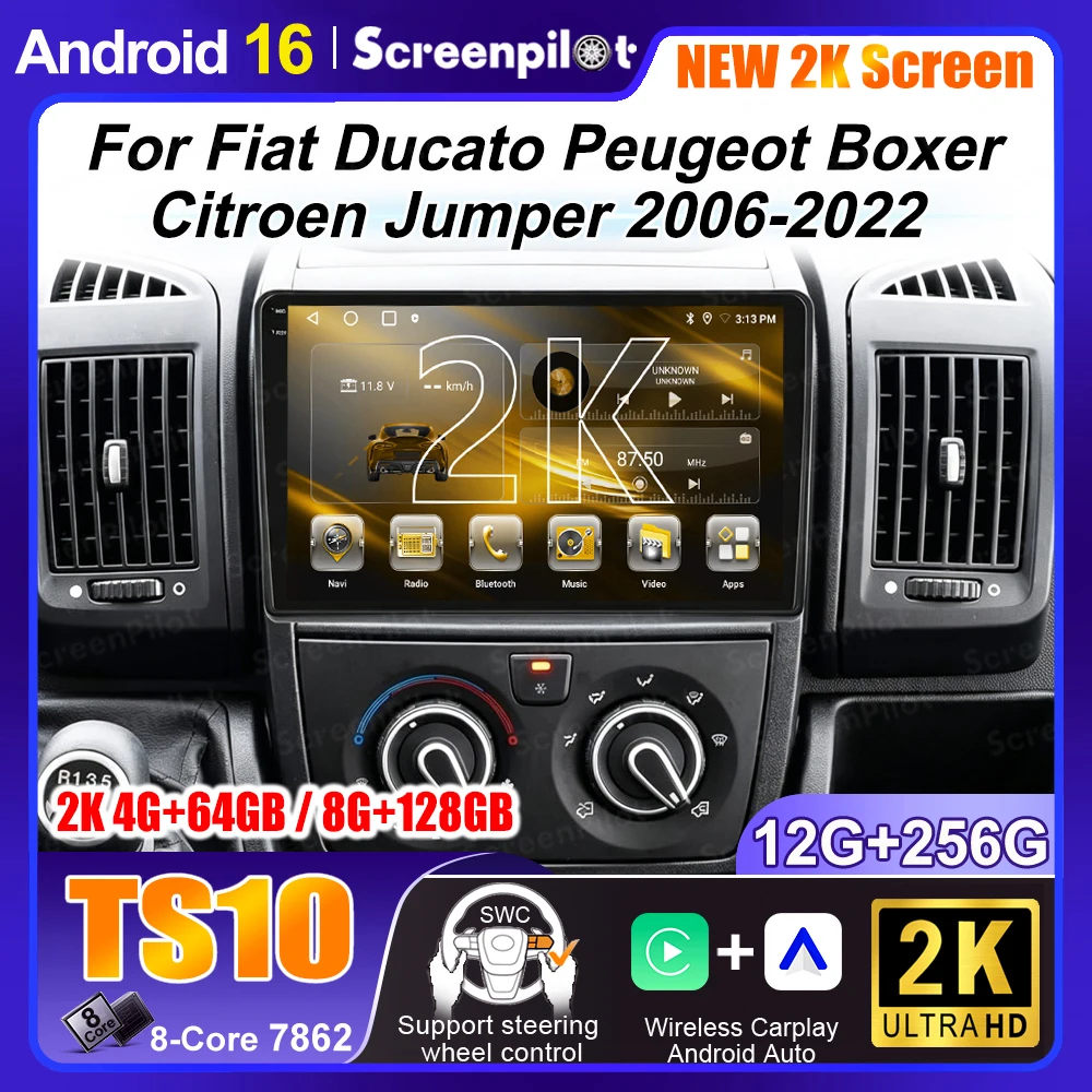 Android 16 For Fiat Ducato Peugeot Boxer Citroen Jumper 2006-2022 Android Car Radio Multimedia Stereo Player GPS CarPlay 2K QLED
