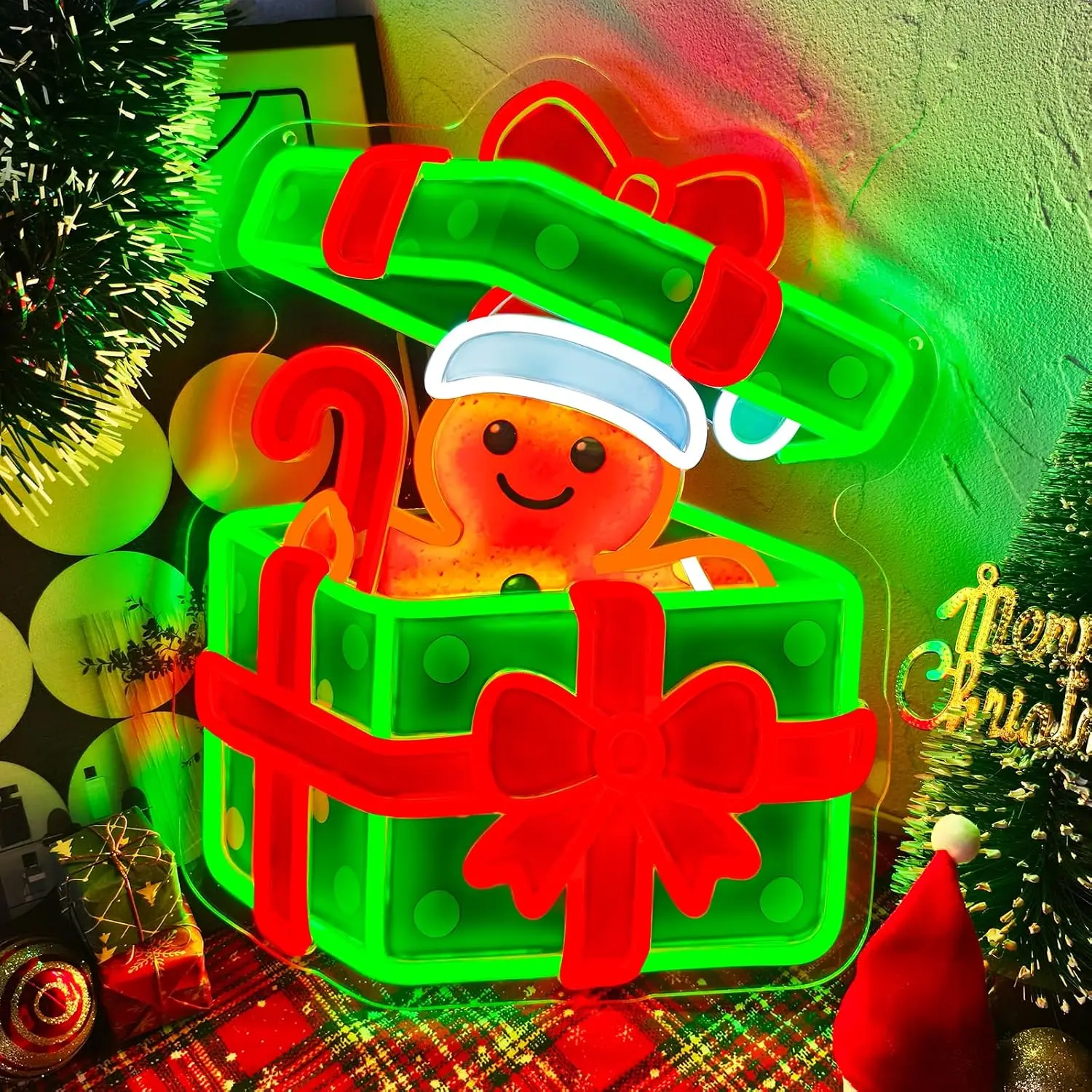 Gingerbread Man Neon Sign Christmas LED Glowing Sign for Holiday Party Home Bedroom Bar Window Decor USB Powered Neon Light Gift