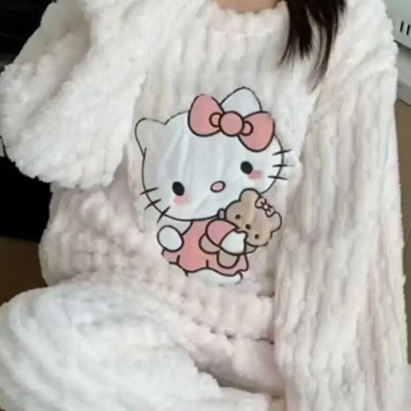 

Sanrio Hello Kitty коралловые бархатные пижамы для женщин, фланелевые утепленные брюки, милые домашние осенние и зимние пижамы с героями мультфильмов