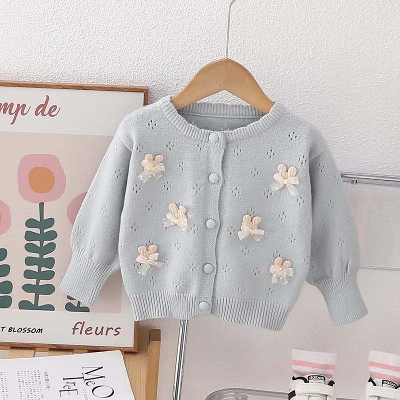 Spring Autumn New Children\'s Versatile Knitted Coat for Girl Baby Warm Cardigan Cute Rabbit Bow-tie School Outer Sweater HY07251