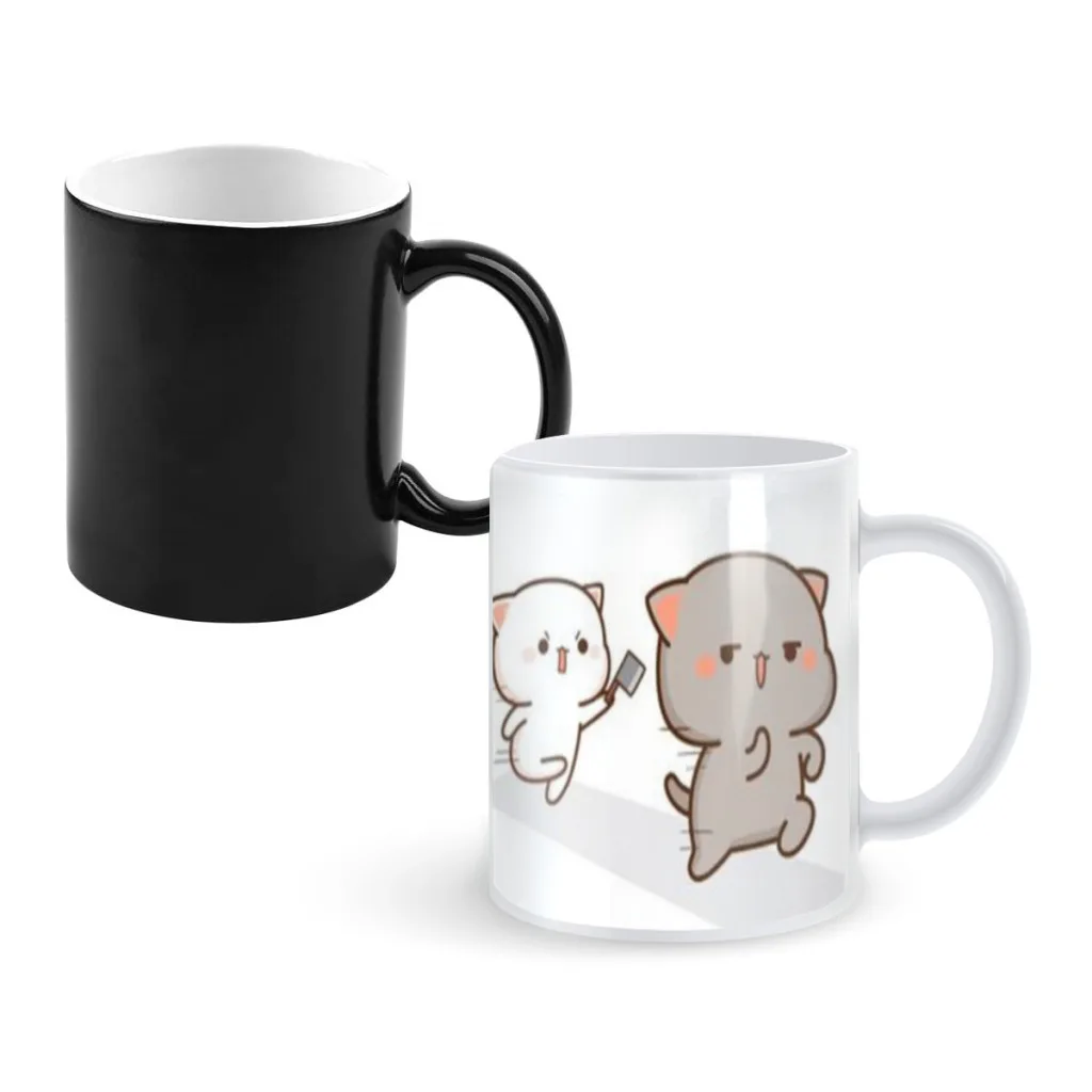 Taza de cerámica sensible que cambia de Color de dibujos animados de gato Mochi melocotón, tazas de té y café, el mejor regalo para amigos