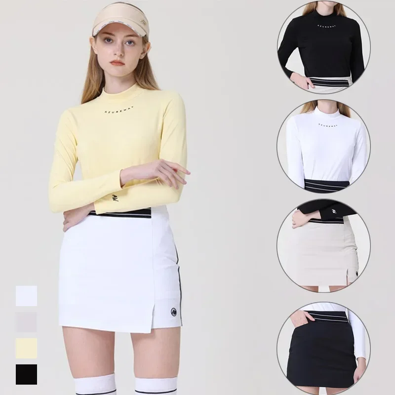 Azureway Lady Round Neck Golf Shirt Autumn Long Sleeve Sports Tops Women Pencil Golf Panskirts Winter Split Wrap Skirt Set