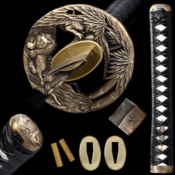 A Set 26cm Tsuka Brass Tiger Theme Guard Tsuba+Menuki+Kashira+Fuchi+Habaki+Seppa For Real Japanese Samurai Sword Katana Fittings