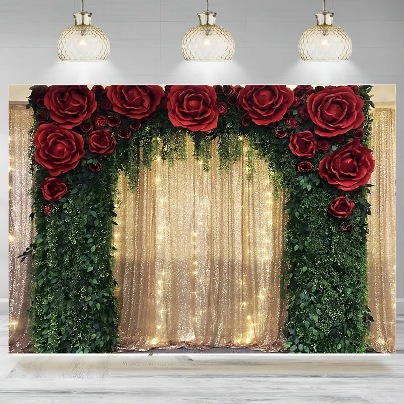 Wedding Backdrop Red Roses Golden Glitter Curtain Photography Background Green Arch Door Bride Holiday Family Party Banner