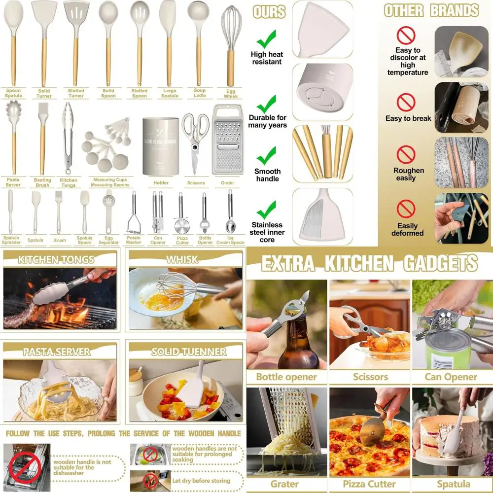 

34-Piece Silicone Kitchen Tool Set with Wooden Handles for Heat-Resistant Cooking and Grater
