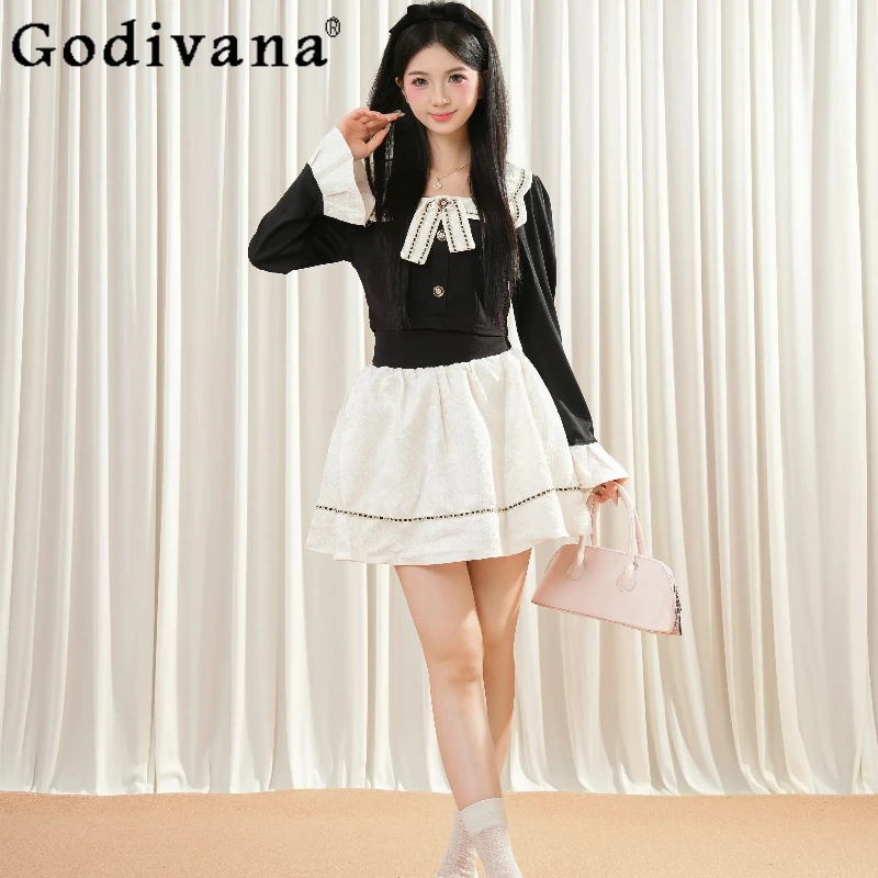 

Autumn Bowknot Outfits for Women Square Neck Black T-Shirt Top High Waist White Skirt Suit Female Japanese Lolits Set