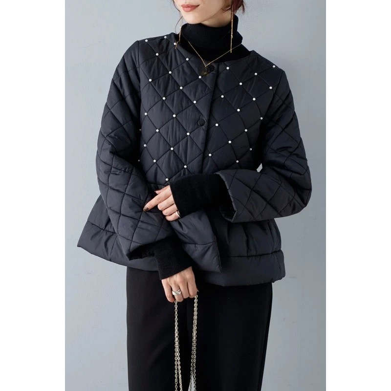 KUSAHIKI Beads Pearl Fashion Warm Parka Jacket Lightweight Korean Rounf Neck Sweet Chic Women Parkas Coat 2024 Winter New