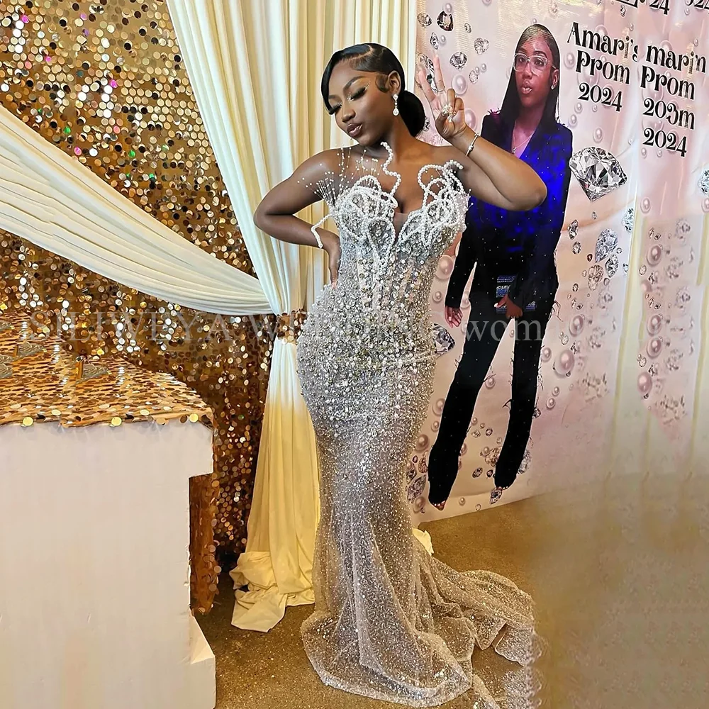 

Gorgeous Sleeveless Strapless Sweetheart Prom Dresses Mermaid Pearls Beading Appliques Evening Gowns Formal Occasions Party
