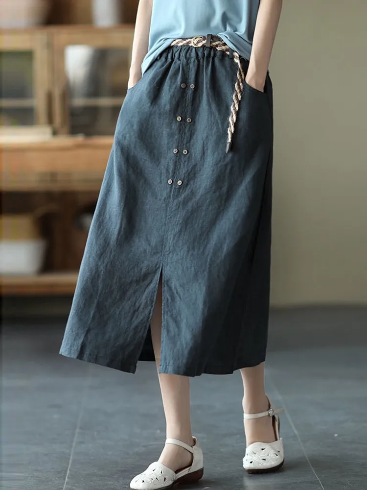 High Waist Casual Skirts Women New Arrival 2022 Summer Vintage Style Loose Cotton Linen Ladies A-line Long Skirt With Belts D326