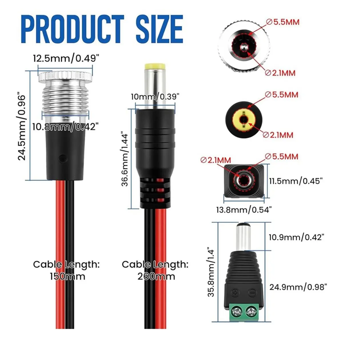 DTC5 6Sets 5.5x2.1MM Metal DC Power Female Jack with Waterproof Cap & Male Pigtail Solder Adapter for CCTV, Audio Video & DIY