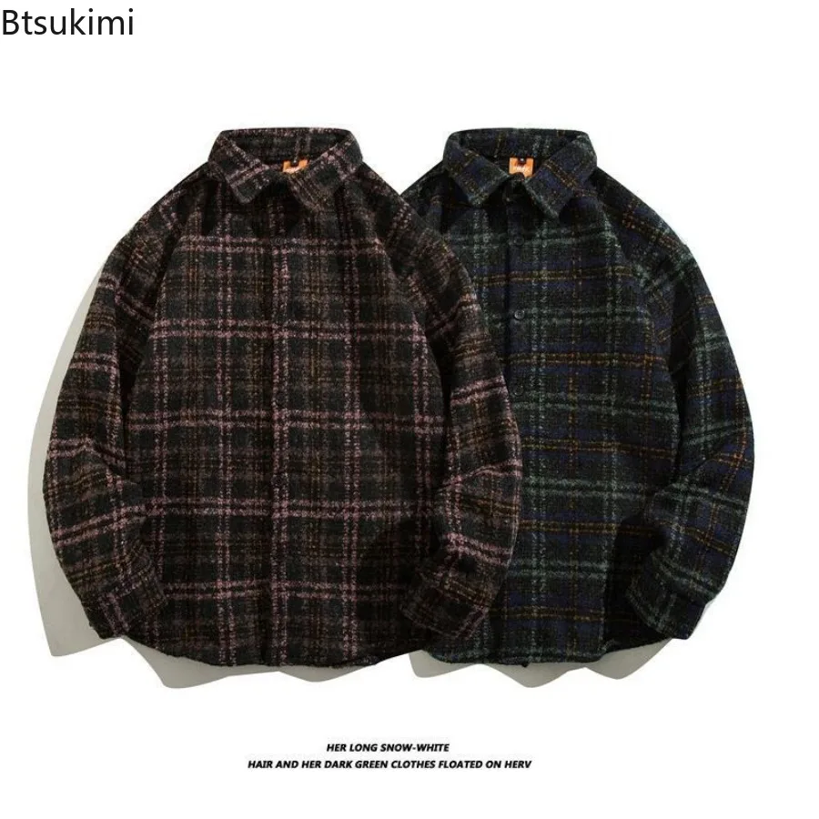 

Новая мужская шерстяная клетчатая рубашка в стиле ретро для мужчин, осенне-зимний топ с длинными рукавами, модные винтажные рубашки, пальто, модная одежда, уличная одежда