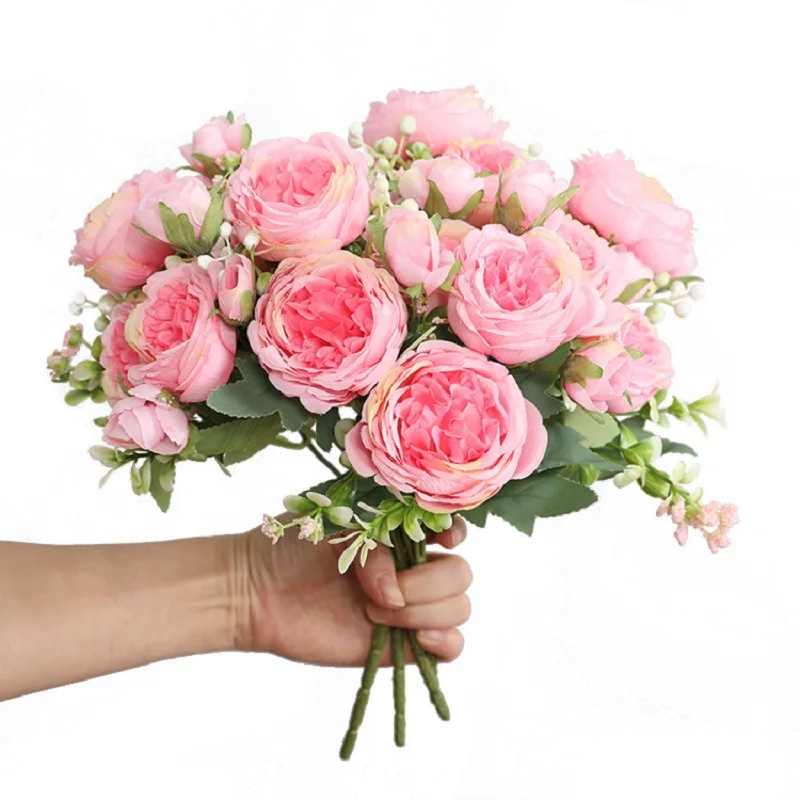 1 Bouquet 9 heads Artificial Peony Tea Rose Flowers Camellia Silk Fake Flower Flores for DIY Home Garden Wedding Decoration