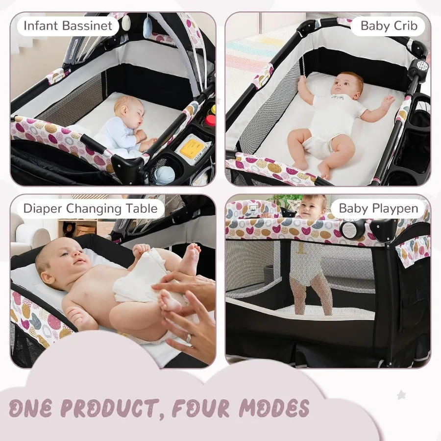 Pack and Play 4 in 1 Portable Baby Crib Playpen w Bassinet Changing Table Canopy Mattress Music Box Storage Bag Foldable Pack n