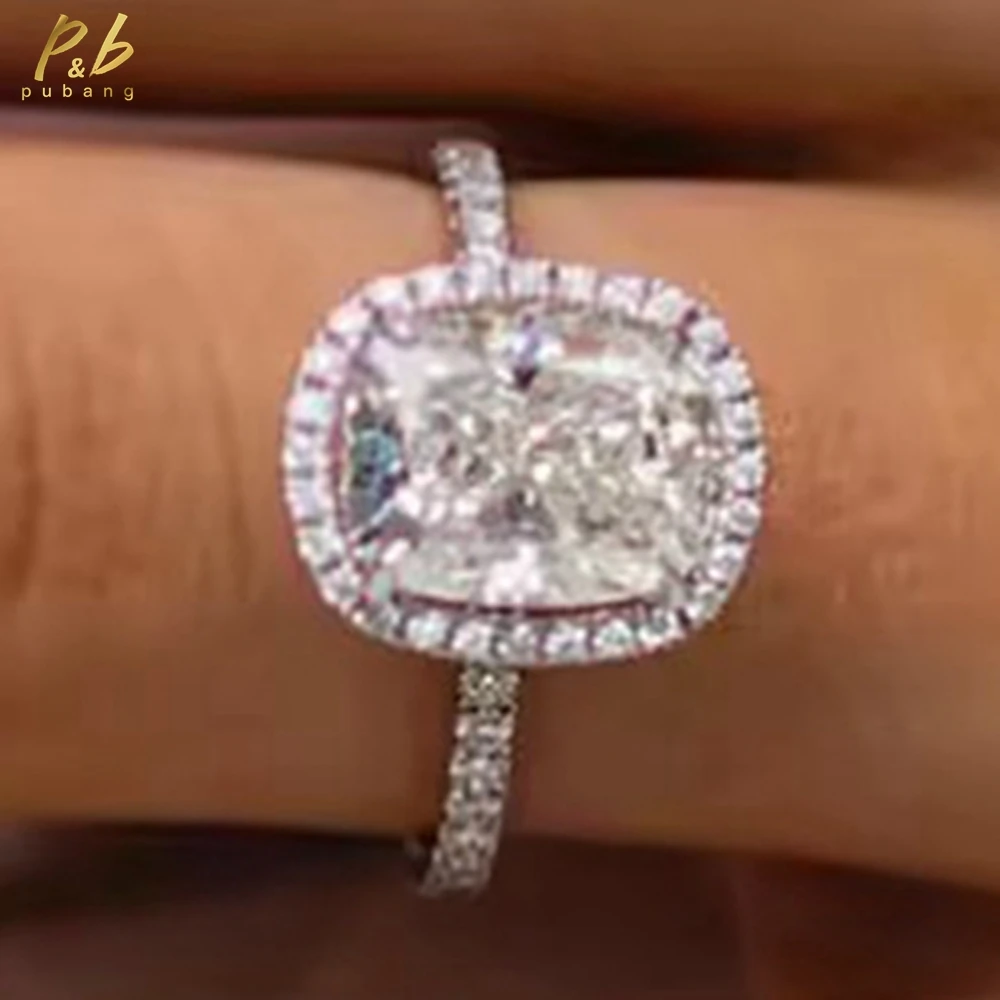 

PuBang Sparkling 3EX VVS1 D Moissanite Ring With Certification 4 Carat White Crushed Ice Hybrid Cushion Cut 18k Rose Gold Rings