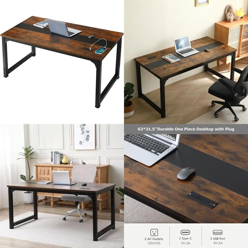 

Modern 63-inch Wood Computer Desk with USB Ports for Home Office, Study, and Gaming