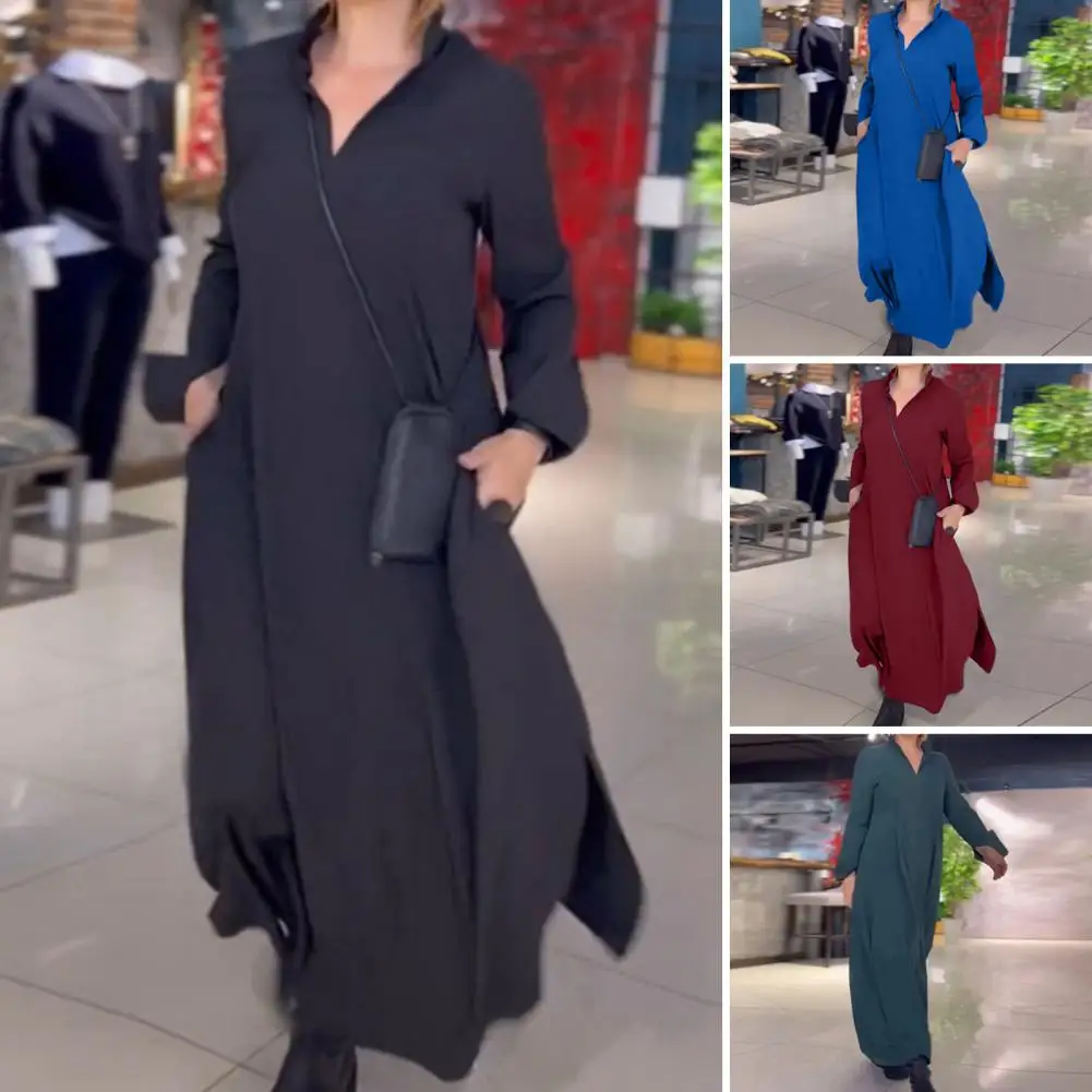 

Women Long Sleeve Dress Elegant V Neck Maxi Dress with Split Hem Long Sleeves for Women Soft Breathable Ankle Length A-line Lady