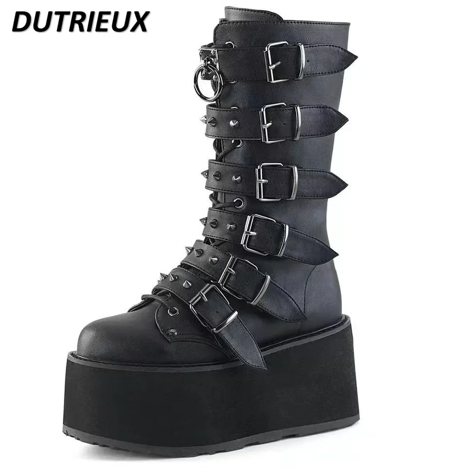 Punk Stile Janpanese Stivale con fondo spesso Sottocultura Y2K Rivetti Zeppa Scarpe da donna Tacchi moda Stivali da cavaliere rock femminili