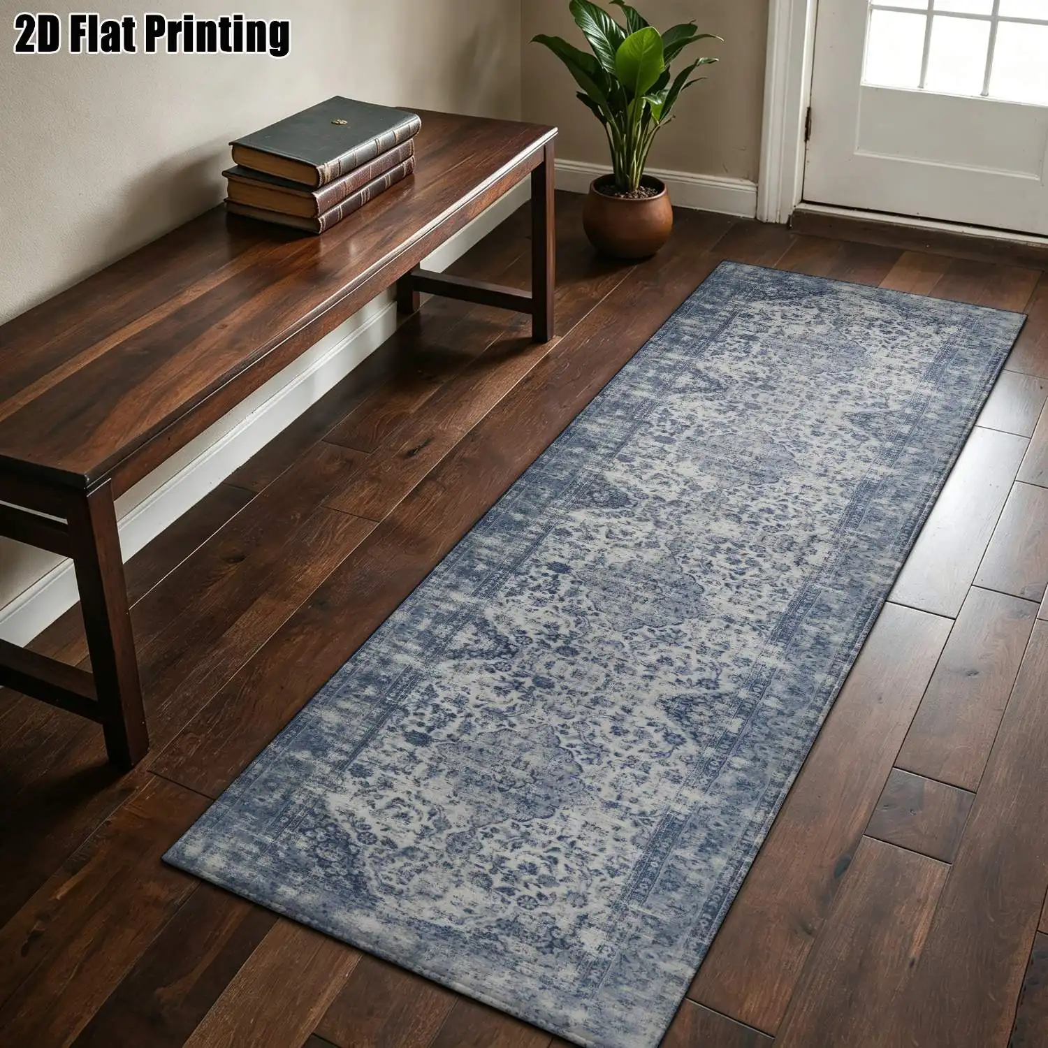 1Pc 2D Printed Long Strip Rug: Blue-Grey Retro Floral Pattern Multi-Style, Washable, Multi-Size, Ideal for Entryway, Hallway, Living Room, Bedroom Home Decor.
