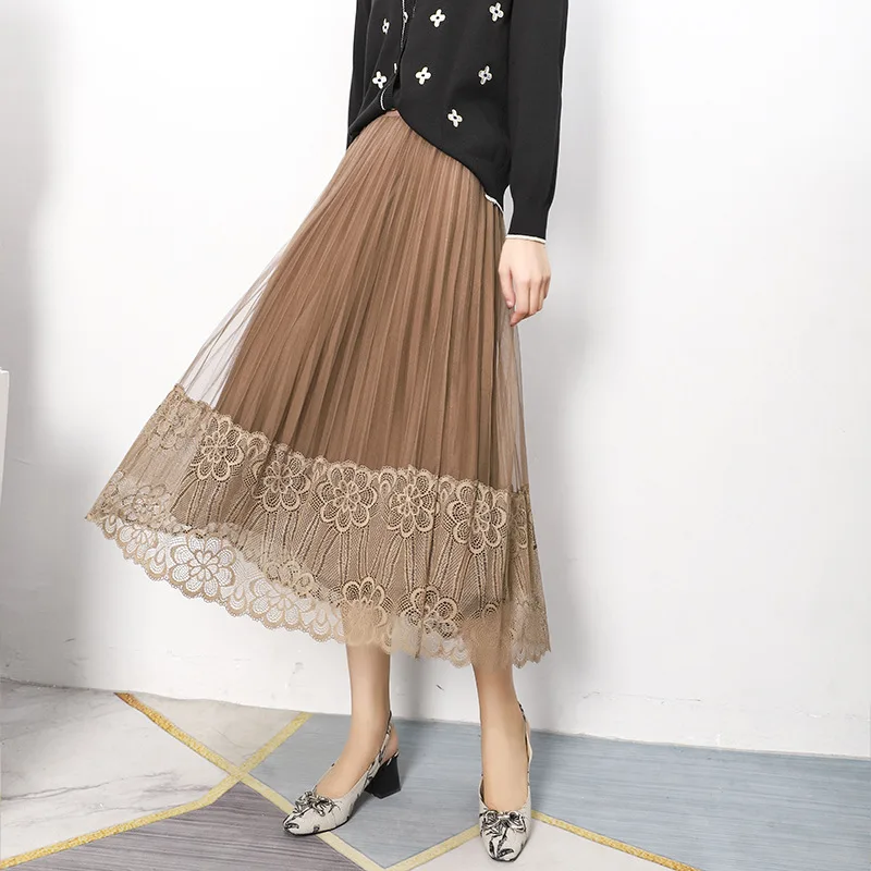 Elegance Dual-wear Beige Chiffon Pleated Midi Skirt Lace Hem High-waist A-line Flowy Skirt For Women Office Commuted Dated Wear