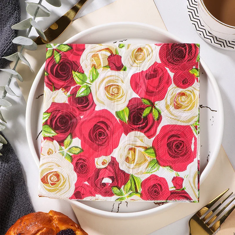 

20Pcs/pack Colorful Rose Flower Printed Paper Disposable Tableware Sqaure Napkin Tissues Wedding Party Decorative