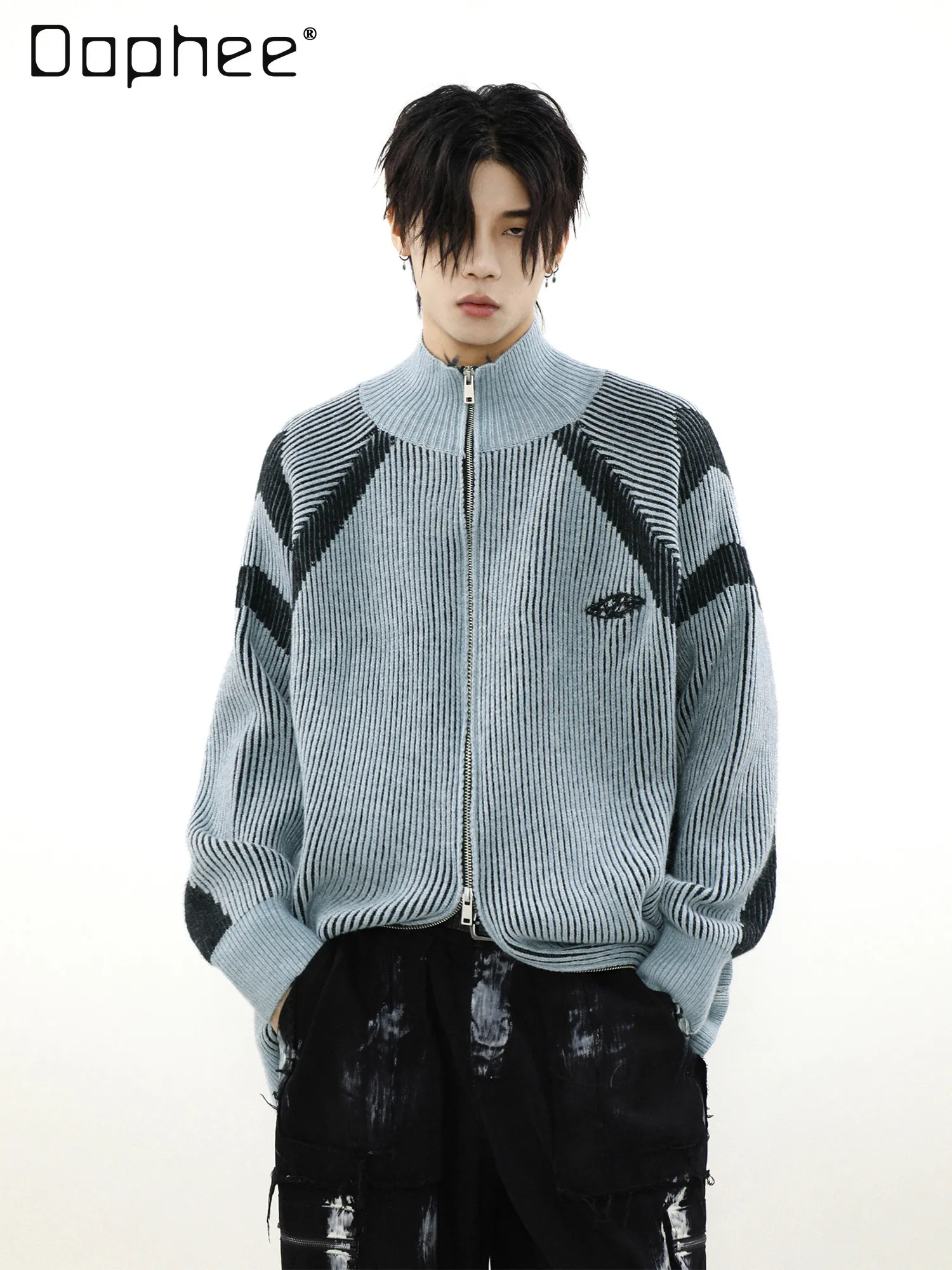 

Spring and Autumn American Retro Design Men's Loose Casual Coffee Black and Blue Striped Turtleneck Knitted Cardigan