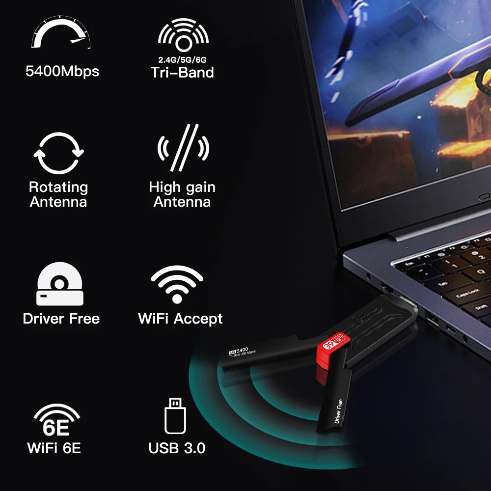 AX5400 WiFi 6E USB 3.0 Wireless Adapter Tri-Band 2.4G 5G 6GHz High Gain Antenna WiFi Card Driver Free for PC Laptop Windows 11