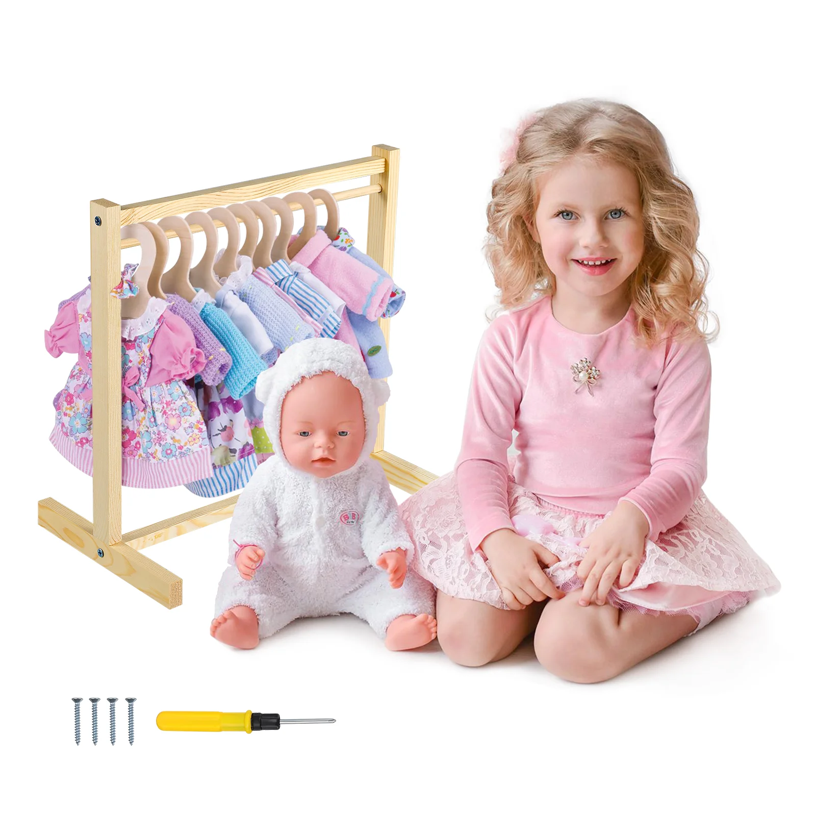 Kleiderbügel Kleiderhalter Lagerregal Mantel hängen Holz Kleid Kleidung Mini Puppen