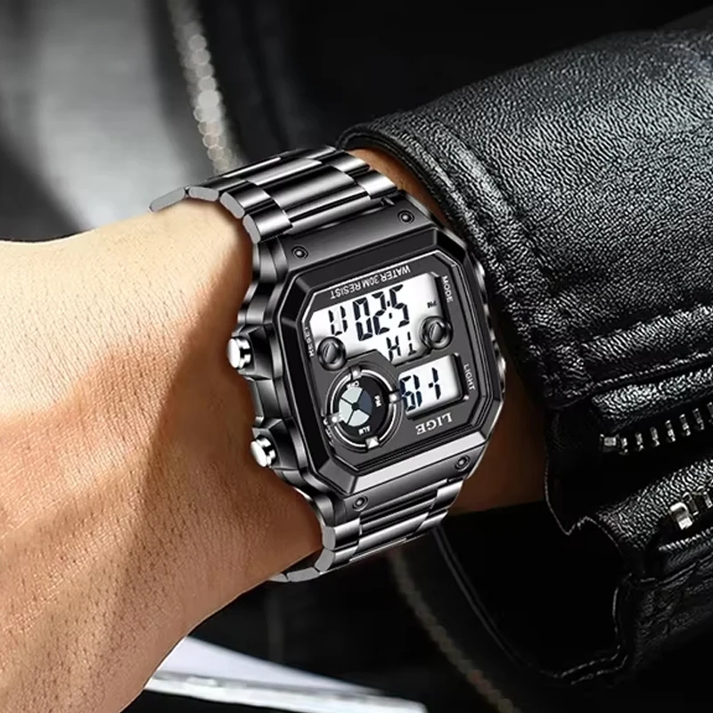 Мужские часы LIGE из нержавеющей стали, водонепроницаемые спортивные часы с календарем, цифровые часы, деловые светящиеся электронные часы с хронографом для мужчин