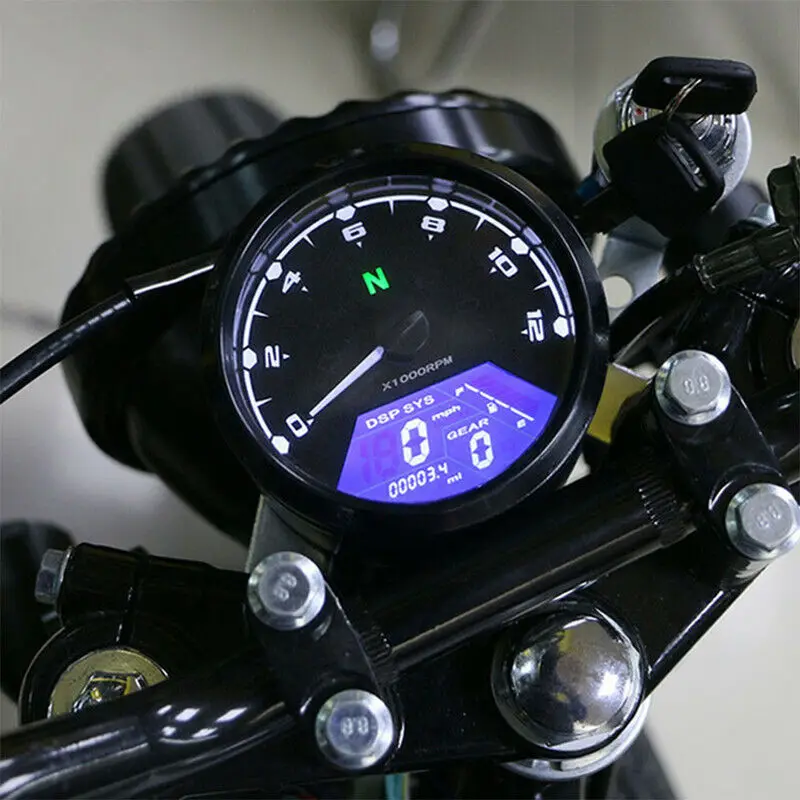 HD Digital Motorcycle Gauge Panel Speedometer 199MPH Kmh ODO Tachometer 12000RPM with Gear Indicator Alarm Light Display 12V