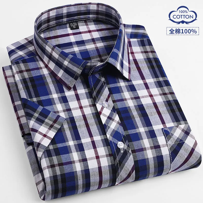 6XL men\'s short-sleeved shirt 100% cotton spring/summer thin Oxford woven high quality casual plaid fashion no-iron plus size