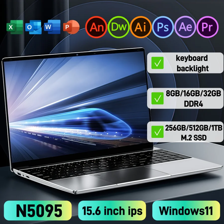 แล็ปท็อปเกมมิ่งขนาด 15.6 นิ้ว Intel N5095 พกพาสะดวก คอมพิวเตอร์โน้ตบุ๊ก PC RAM 16GB/32GB DDR4 SSD 512GB/1TB Windows 11 จอ IPS คีย์บอร์ดเรืองแสง ราคาพิเศษ