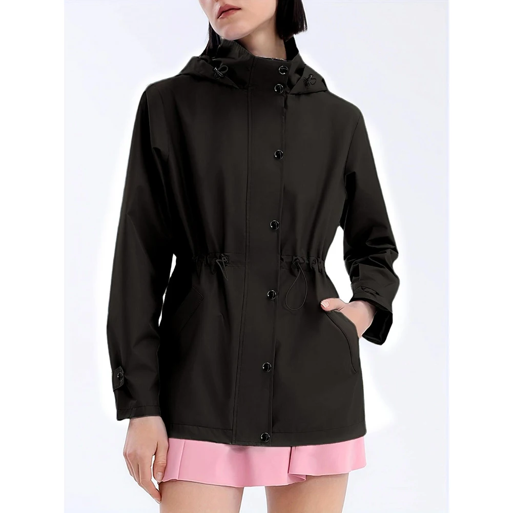 Womens Solid Trench Coat Hooded with Stand Collar Snap Button Front Medium Stretch and Drawstring Waist for Office Wear