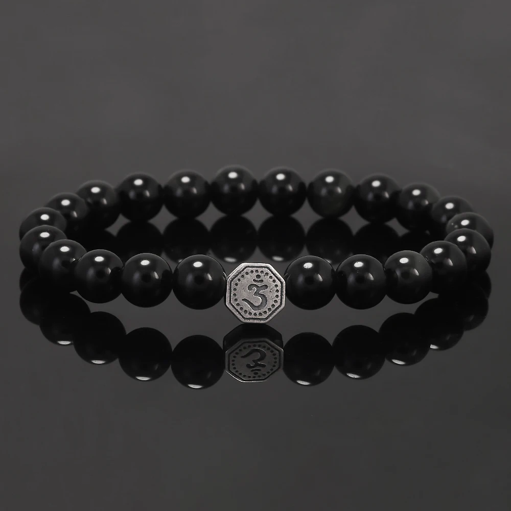 8mm Natural Stone Beaded Bracelet for Men Women 925 Sterling Silver Vajra Six Words Mantra Charm Obsidian Agate Handmade Jewelry view 2