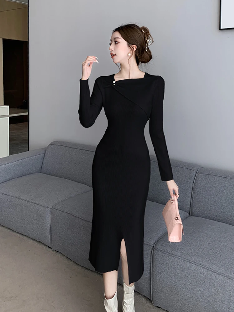 2024 Women Design Sense Split Knitted Dress Autumn Winter French Retro Temperament Advanced Sense Over The Knee Mid Length Skirt