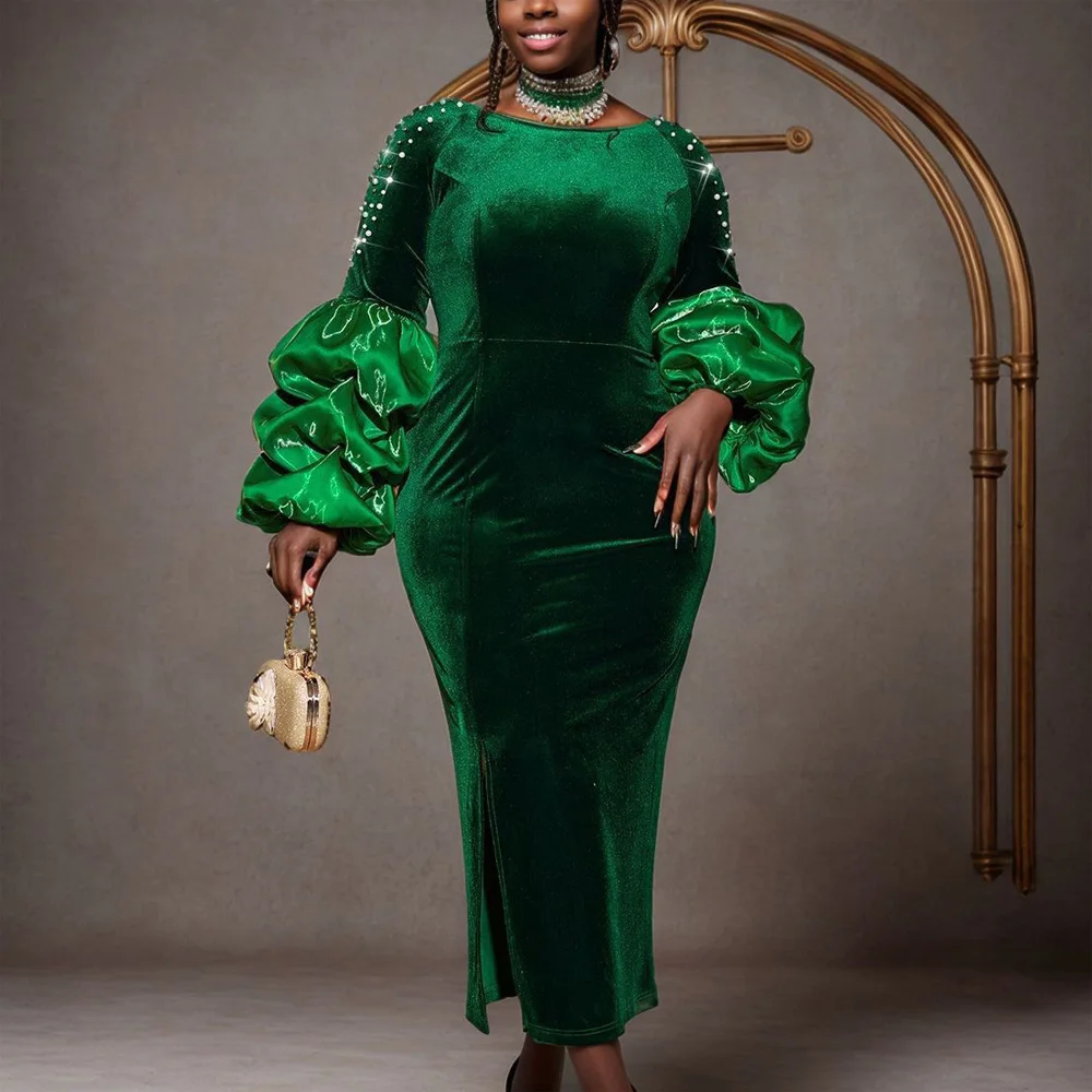 

Luxury Green Dresses for Woman O Neck Puff Sleeve Beaded Velvet Sheath Ankle Length Elegant Birthday Party Dinner Vestidos Mujer
