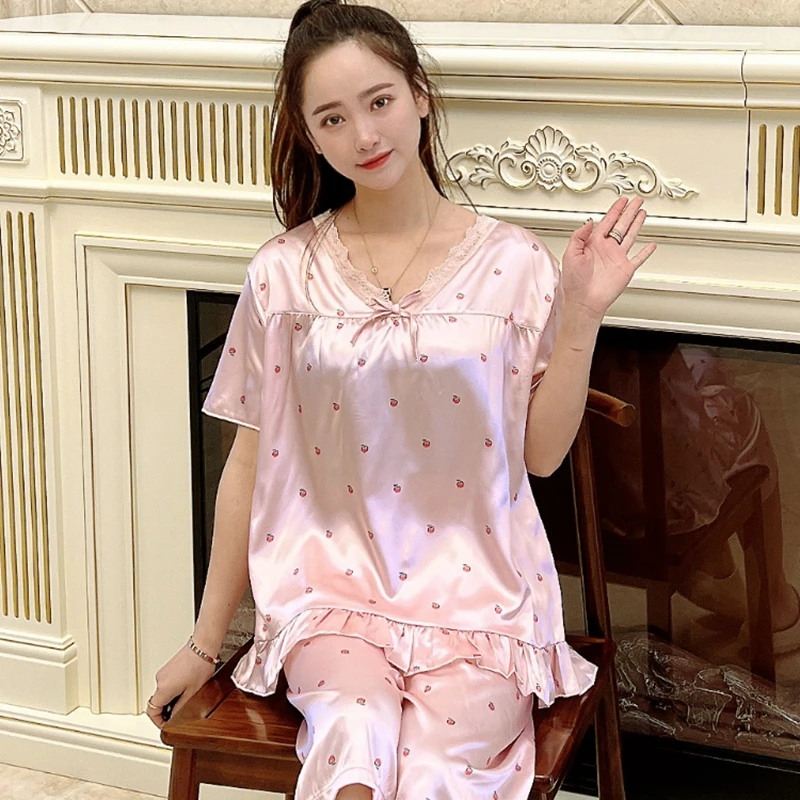 New Pajamas Summer Capris Women Pajama Sets Short Sleeves Elegant Pijamas Satin Silk Plus Size 4XL 5XL Sleepwear Homewear