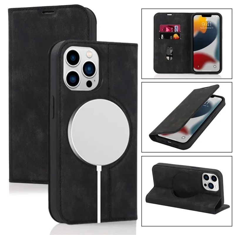 RFID Wallet Card Holder Macsafe Leather Flip Case for Magsafe IPhone 14 Plus 13 12 15 16 Pro Max 16Pro i16 Mac Safe Stand Cover