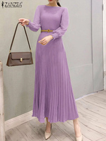 ZANZEA Elegant Women Pleated Dress Classy Smocked Cuffs Long Sleeve O Neck Fit and Flare Long Vestidos Commute Solid Party Robes