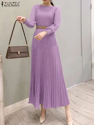 ZANZEA Elegant Women Pleated Dress Classy Smocked Cuffs Long Sleeve O Neck Fit and Flare Long Vestidos Commute Solid Party Robes