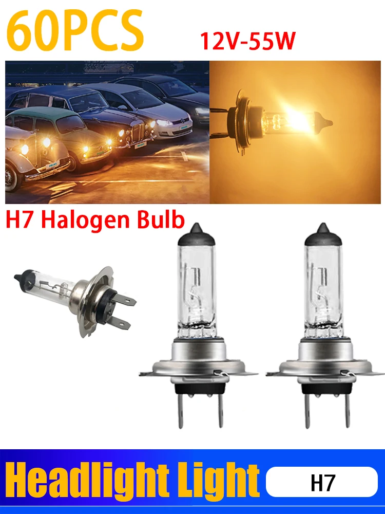 60Pcs Super Bright H7 Halogen 12V 55w Auto PX26d HeadLight Bulbs Front Fog Lamps Car Daytime Lights Replacement Bulb Warm White