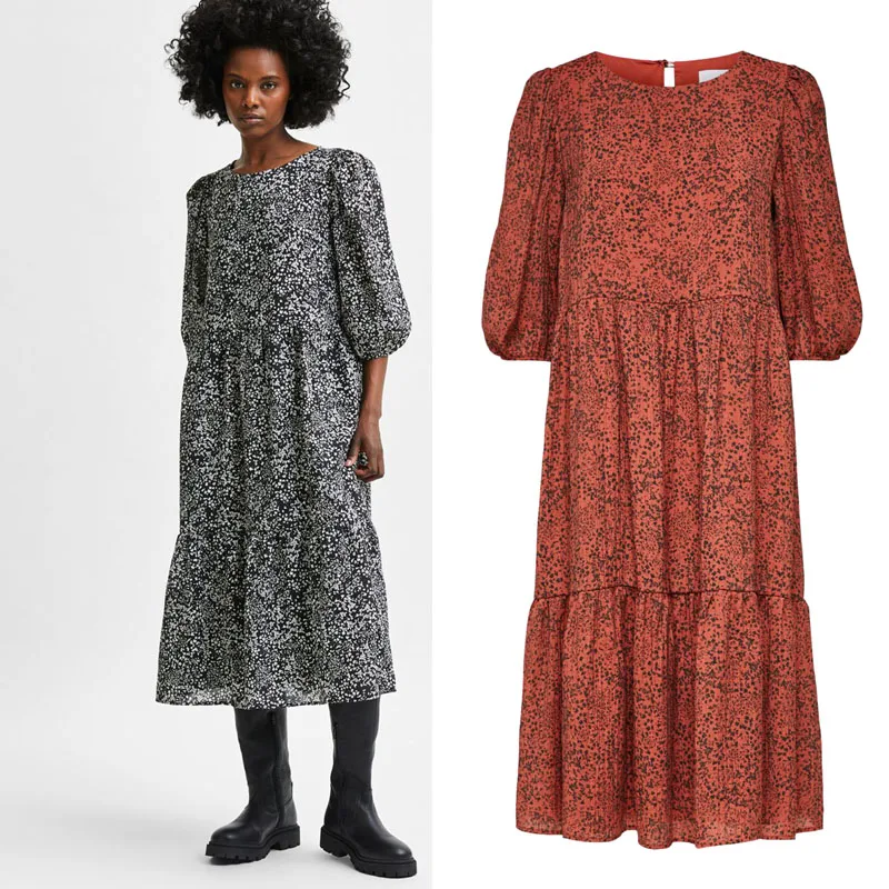 

Retro Floral Print Puff Sleeve round Neck Dress Women's Casual Slimming Spring Summer Autumn Light Luxury A-Line Dress