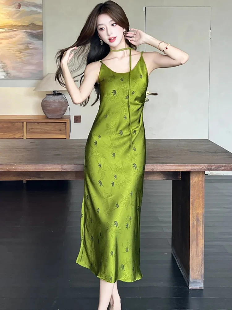 レディース グリーン プリント サテン シック スリング セクシー ロングドレス サマー プリーツ ボディコン ラグジュアリー ドレス 2025 韓国 ヴィンテージ エレガント イブニングドレス