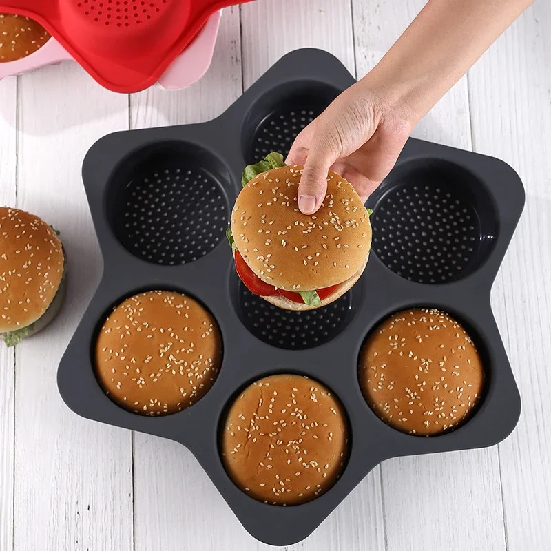 WePick Bread Mold Air Hole Design Breathable 7 Cavity Hamburger Buns Pan Solid Color Soft Silicone Pastry Mold Cooking Gadget