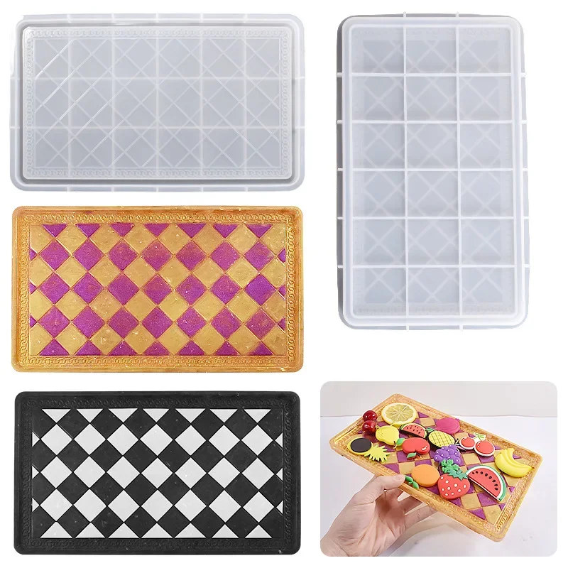 

DIY Crystal Epoxy Resin Mold Rectangular Diamond Checkerboard Storage Tray Silicone Mold