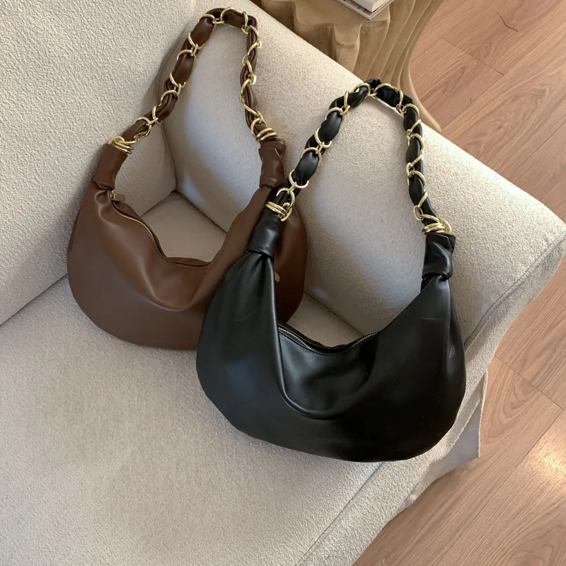 Hobos Shoulder Bags for Women PU Leather Spring Chain Axillary Bags Ladies Handbags Big Hardware Iron Ring Decoration Totes