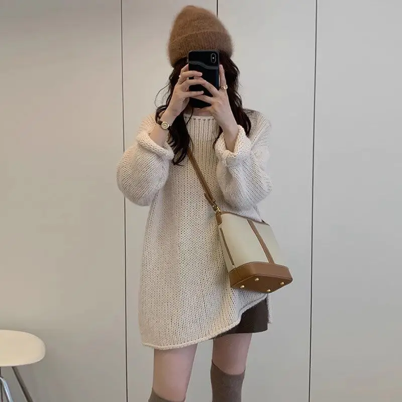 Ladies Pullovers Long Slit Round O Neck Women\'s Knit Sweater Loose Off-white Korean Style Fall New Knitwear Aesthetic Outerwears